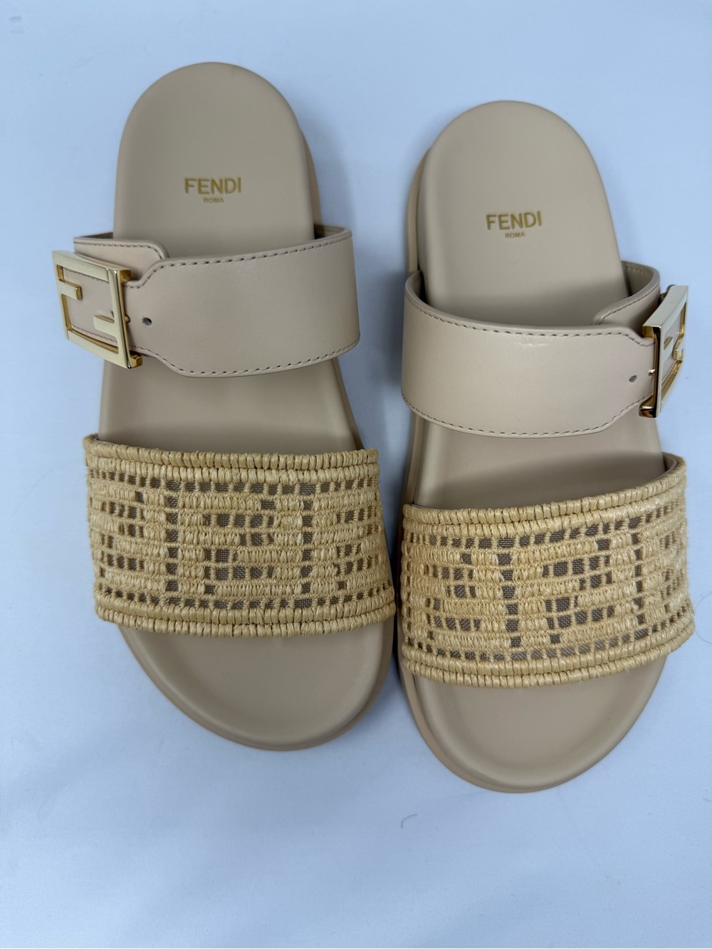 Fendi Neutral Raffia & Leather Slide Sandals with Gold Buckle
